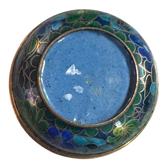 Vintage Cloisonné Round Trinket Box Antique Floral Design Blue & Green Enamel - Picture 4 of 8